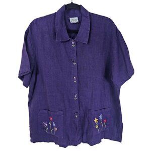 Vintage Donna Linen Button-Up Top L Purple Floral Embroidery Coastal Art to Wear
